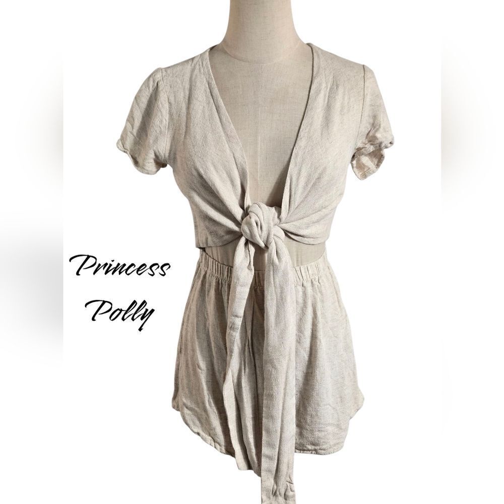 Princess Polly Light Tan Linen Blend Tie Front Romper
